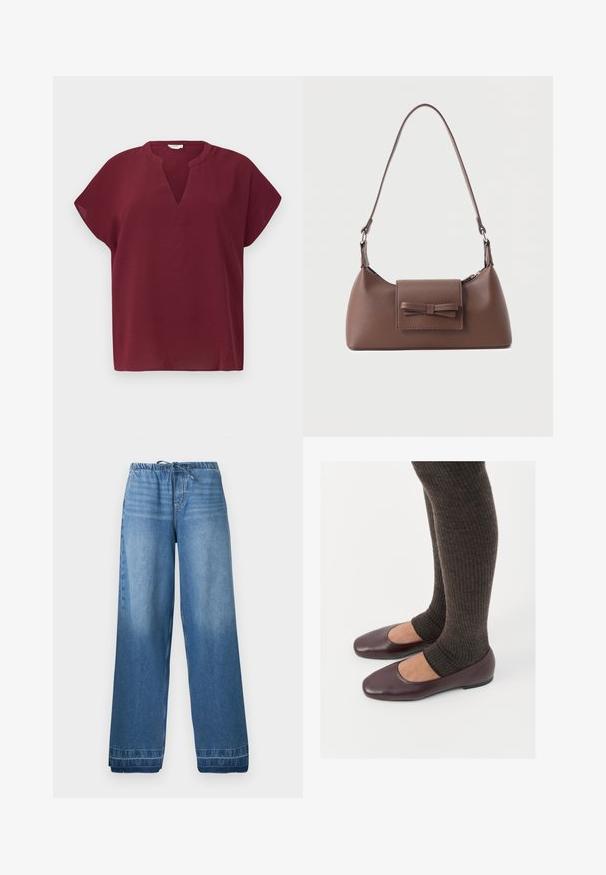 Top burdeos de manga corta con escote en V, hecho de una tela texturizada. Presenta un corte relajado y un dobladillo limpio.; Pantalones de mezclilla azul de pierna ancha con cintura elástica y cordón, con áreas ligeramente desgastadas y dobladillos cosidos.; Bailarinas de charol burdeos con diseño de punta cuadrada, combinadas con calcetines de punto acanalado marrón oscuro que llegan a la mitad de la pantorrilla.; Bolso bandolera de cuero marrón con un bolsillo frontal de solapa que presenta un detalle de moño cosido y una correa ajustable.