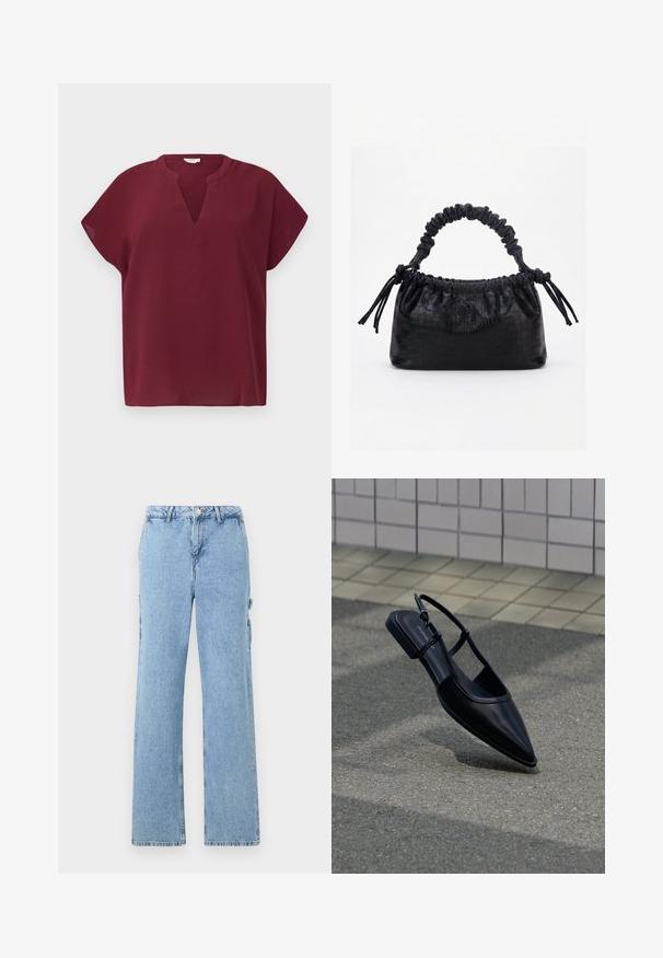 Top burdeos de manga corta con escote en V, hecho de una tela texturizada. Presenta un corte relajado y un dobladillo limpio.; Pantalones cargo de denim azul claro con un diseño de pierna recta, que cuenta con bolsillos laterales y costuras en contraste. Estilo clásico de cinco bolsillos.; Zapato plano negro de punta puntiaguda con tiras traseras flotando sobre una superficie de asfalto junto a una acera con baldosas.; Bolso negro con textura de cocodrilo, borde superior fruncido, asa recogida y cordones con borlas en cada lado sobre un fondo blanco.