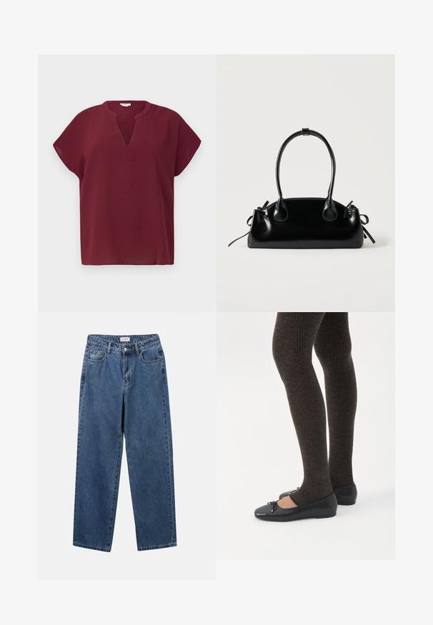 Haut bordeaux à manches courtes avec un décolleté en V, fabriqué dans un tissu texturé. Présente une coupe décontractée et un ourlet soigné.; Jean en denim bleu classique avec une coupe droite, cinq poches et une fermeture par bouton. Présente un lavage moyen et une texture robuste.; Jambes portant des leggings côtelés foncés associés à des ballerines noires avec de petits détails en nœud sur fond blanc.; Petit sac à main noir brillant avec deux longues anses et des détails à cordon sur les côtés sur un fond clair uni.
