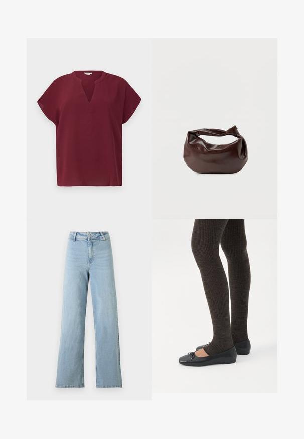 Bordeaux kortemouwe top met een V-hals, gemaakt van een geweven stof. Heeft een losse pasvorm en een schone zoom.; Lichtblauwe high-waisted wijde denim jeans met knoop- en ritsluiting aan de voorkant, riemlussen en geen zichtbare slijtage.; Benen met donkere geribbelde leggings gecombineerd met zwarte ballerina's met kleine strikdetails op een witte achtergrond.; Donkerbruine leren schoudertas met een zachte, slungelige vorm en een gedraaide knoopvormige handgreep op een effen witte achtergrond.