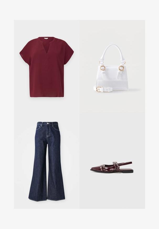 Haut bordeaux à manches courtes avec un décolleté en V, fabriqué dans un tissu texturé. Présente une coupe décontractée et un ourlet soigné.; Jean flare en denim foncé avec taille haute, présentant une fermeture à bouton et zip. Des coutures blanches et des jambes larges créent une silhouette structurée.; Chaussure plate slingback en cuir verni bordeaux avec un bout pointu, présentant des lanières décoratives avec des accents métalliques.; Sac à main structuré blanc avec poignée supérieure, deux boucles dorées sur le devant et une bandoulière amovible et réglable.