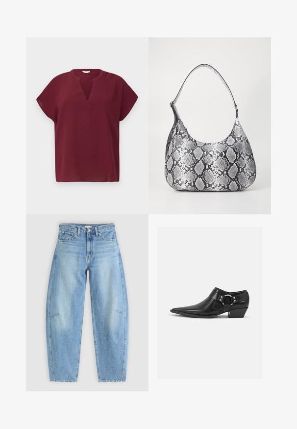 Top burdeos de manga corta con escote en V, hecho de una tela texturizada. Presenta un corte relajado y un dobladillo limpio.; Vaqueros de denim azul claro con un corte relajado, que presentan una cintura alta, piernas rectas y sutiles detalles de costura en los bolsillos frontales.; Botas de cuero negras hasta el tobillo con puntera puntiaguda, que presentan una correa de cuero en la parte delantera y un detalle de hebilla plateada, además de un tacón bajo y cuadrado.; Bolso de hombro con estampado de serpiente en blanco y negro, de forma redondeada, textura suave y correa curvada. Presenta un acento de hardware plateado.