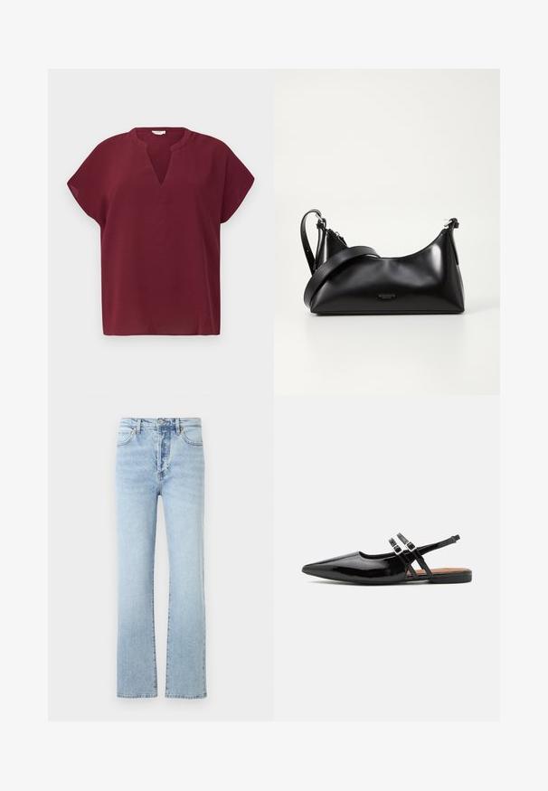 Bordeaux kortemouwe top met een V-hals, gemaakt van een geweven stof. Heeft een losse pasvorm en een schone zoom.; Lichtblauwe denim jeans met een rechte pijp, voorzien van een hoge taille, klassiek vijf-pocket ontwerp en subtiele vervaging.; Zwarte gepatineerde leren slingback schoenen hebben een spitse neus, twee banden met gespsieraden en een platte zool.; Zwarte leren handtas met een gladde textuur. Beschikt over een verstelbare schouderband en een strak, minimalistisch ontwerp met een ritssluiting.