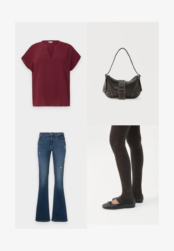 Top burdeos de manga corta con escote en V, hecho de una tela texturizada. Presenta un corte relajado y un dobladillo limpio.; Pantalones vaqueros acampanados en azul oscuro con parches desgastados. Cuenta con cinco bolsillos y cierre de cremallera. Tela de peso medio con una textura suave.; Piernas con leggings oscuros acanalados combinados con bailarinas negras que presentan pequeños detalles de lazo sobre un fondo blanco.; Bolso de hombro de cuero negro con detalle de correa con hebilla, bordes curvos y costuras blancas en contraste sobre un fondo liso.