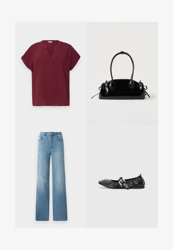 Top burdeos de manga corta con escote en V, hecho de una tela texturizada. Presenta un corte relajado y un dobladillo limpio.; Jeans de tiro alto en azul claro con un diseño de pierna recta. Confeccionados en denim, cuentan con cinco bolsillos y un cierre con botón.; Zapato plano de piel negra con puntera afilada, detalle fruncido alrededor de la abertura y un acento de hebilla plateada en la correa ajustable.; Pequeño bolso negro brillante con dos asas largas y detalles de cordón lateral sobre un fondo claro liso.