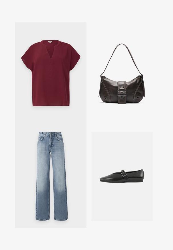 Bordeaux kortærmet top med V-hals, lavet af et struktureret stof. Har en afslappet pasform og en ren kant.; Bredde ben bløde denim jeans i blå med en lys vask, lynlås, fem-lomme design og subtil falming nær anklerne.; Sorte læder flade sko med spidse tæer, prydet med en metallisk spænde over vristen og en lav, fleksibel sål.; Brun læder skuldertaske med en buet form, der har et fremtrædende spænde, kontrasterende syninger og en enkelt skulderrem.