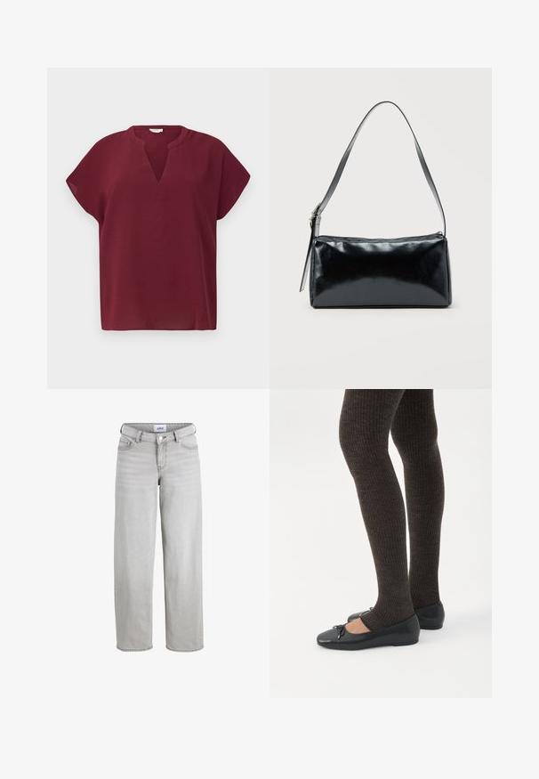 Bordeaux kortærmet top med V-hals, lavet af et struktureret stof. Har en afslappet pasform og en ren kant.; Lys grå denim jeans med en afslappet pasform, lige ben og en mellemhøj talje. Har bæltestropper, knaplukning og standardlommer.; Ben iført mørke ribbede leggings kombineret med sorte balletsko med små sløjfedetaljer på hvid baggrund.; Sort rektangulær skuldertaske med en enkelt justerbar rem og lynlås i toppen på en ensfarvet baggrund.