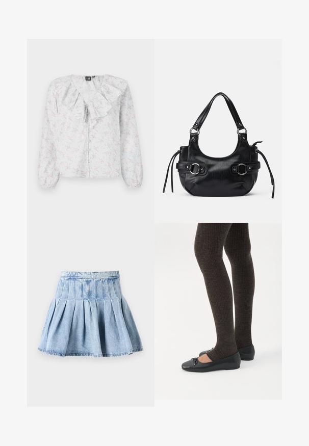 Blouse blanche avec un col à volants, motif floral en rose et bleu, manches longues et fermeture à boutons à l'avant. Tissu léger et texturé.; Jupe en denim bleu clair, présentant un design plissé complet et une taille. Le tissu a une texture subtile avec des détails de couture visibles.; Jambes portant des leggings côtelés foncés associés à des ballerines noires avec de petits détails en nœud sur fond blanc.; Sac à main en cuir noir de forme arrondie, avec deux boucles sur les côtés, texture lisse et une courte bandoulière. Détails supplémentaires avec des pompons latéraux.