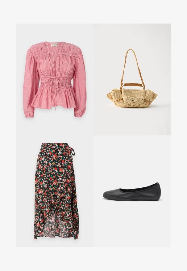 Rood-witte gestreepte blouse met lange mouwen, geplooide borst en verstelbaar trekkoord in de taille, met een peplumzoom.; Bloemen wikkelrok met een zwarte achtergrond, rode en roze bloemen, ruffle zoom, verstelbare strik in de taille, en lichte stof.; Zwarte leren ballerina met een ronde neus, gladde textuur, minimale stikdetails en een flexibele zoolontwerp.; Geweven beige handtas met een lange dunne riem en geplooide zijkanten, met een korte handgreep omwikkeld met leer voor draagopties.