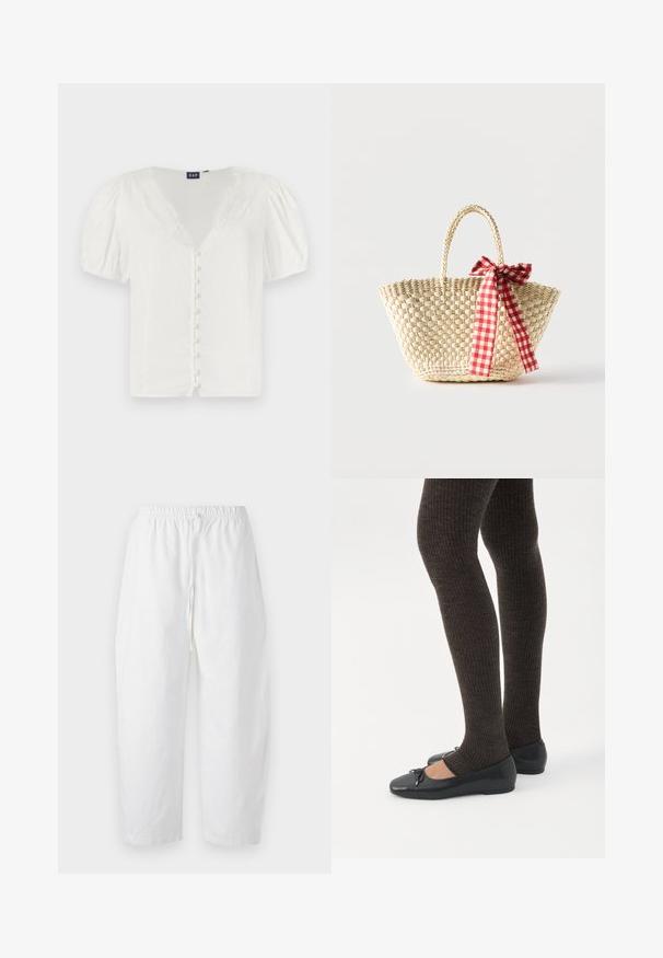 Hvid bluse med pufferærmer, dyb V-udskæring og blondekant. Har en række små knapper foran. Fremstillet af letvægtsstof.; Abercrombie & Fitch PULL ON BARREL - Bukser - white; Ben iført mørke ribbede leggings kombineret med sorte balletsko med små sløjfedetaljer på hvid baggrund.; Flettet stråtaske med fletninger til håndtagene og et rødt og hvidternet bånd bundet som en sløjfe på den ene side.
