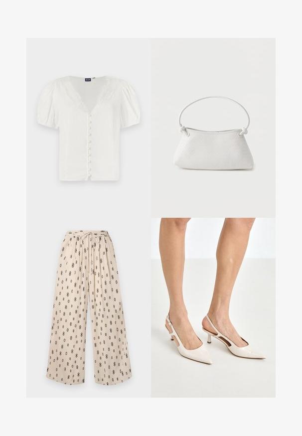 Witte blouse met pofmouwen en een diepe V-halslijn met kantafwerking. Beschikt over een rij kleine knopen aan de voorkant. Gemaakt van een lichtgewicht stof.; Beige wijde broek met een strik taille, met een zwart diamanten patroon door het geheel. Gemaakt van lichte stof voor comfort.; Beige gepatineerde leren slingback hakken met een spitze neus en een hak van 5 cm, met uitsparingen aan de zijkanten en een dunne enkelband.; Witte handtas van gevlochten leer met een afgeronde handgreep en uiteinden van de band die geknoopt zijn, afgebeeld tegen een effen achtergrond.