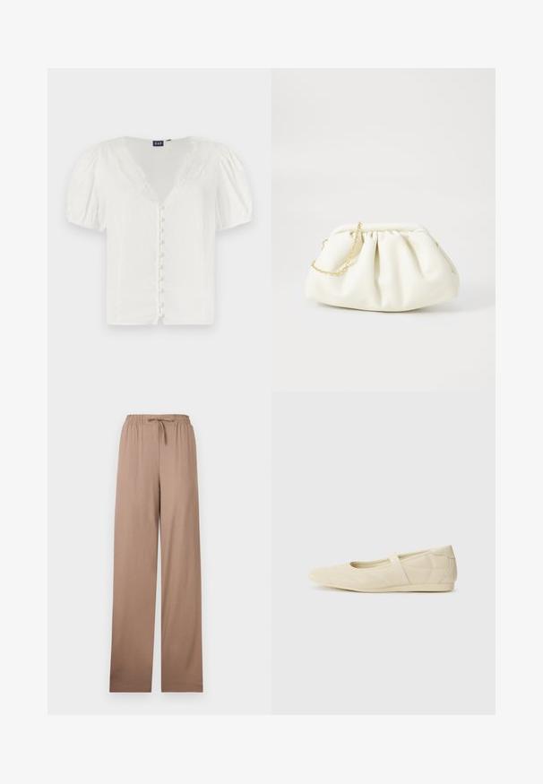 Witte blouse met pofmouwen en een diepe V-halslijn met kantafwerking. Beschikt over een rij kleine knopen aan de voorkant. Gemaakt van een lichtgewicht stof.; Beige wijde broek met elastische tailleband en trekkoord, gemaakt van lichtgewicht stof, plat neergelegd tegen een witte achtergrond.; Beige ballerina's met een gladde leren buitenkant, amandelvormige punt en elastische band over de wreef, met subtiele stiksels.; Witte leren handtas met een geassembleerd ontwerp, voorzien van een gouden kettingband en een ronde vorm. Gladde textuur met zachte plooien en geen patronen.
