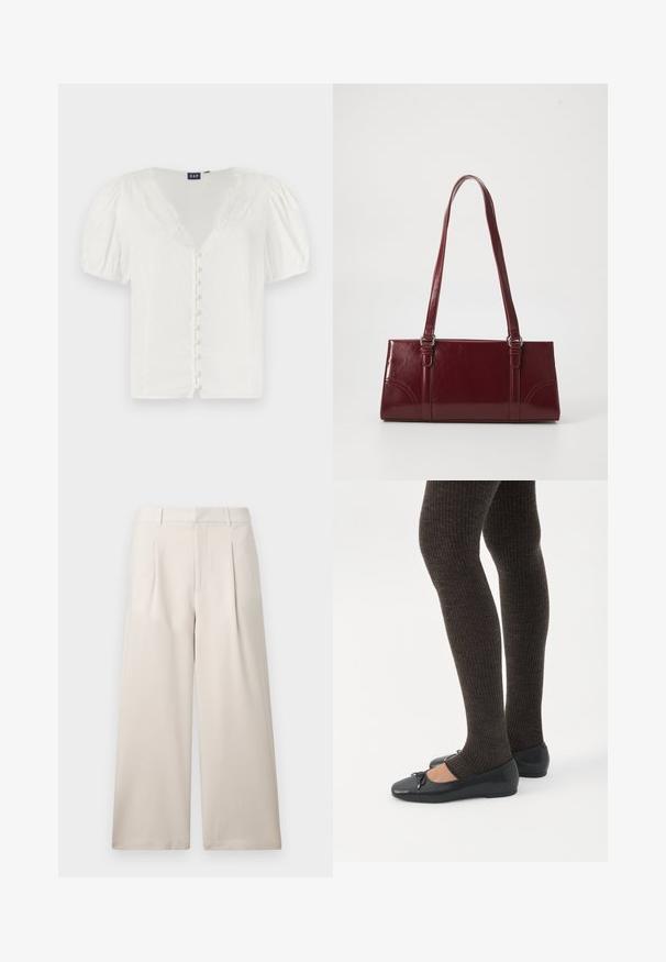 Witte blouse met pofmouwen en een diepe V-halslijn met kantafwerking. Beschikt over een rij kleine knopen aan de voorkant. Gemaakt van een lichtgewicht stof.; ONLY ONLLANDO PLEAT CULOTTE PANT - Broek - pumice stone; Benen met donkere geribbelde leggings gecombineerd met zwarte ballerina's met kleine strikdetails op een witte achtergrond.; Bourgondische handtas van glanzend materiaal, rechthoekige vorm, met twee schouderbanden en subtiele gebogen accenten aan de voorkant.