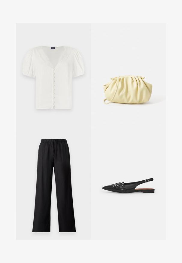 Blouse blanche à manches bouffantes avec un décolleté en V profond et des détails en dentelle. Présente une rangée de petits boutons sur le devant. Fabriquée dans un tissu léger.; Pantalons larges noirs en tissu léger, dotés d'une taille élastique avec cordon de serrage et d'une texture lisse.; Chaussure plate noire en cuir avec un bout pointu, dotée de deux lanières horizontales et de boucles carrées en argent, avec un faible talon et une texture lisse.; Sac à main plissé jaune en simili cuir lisse, arborant une forme douce avec une bandoulière unique et un design froncé sur le dessus.