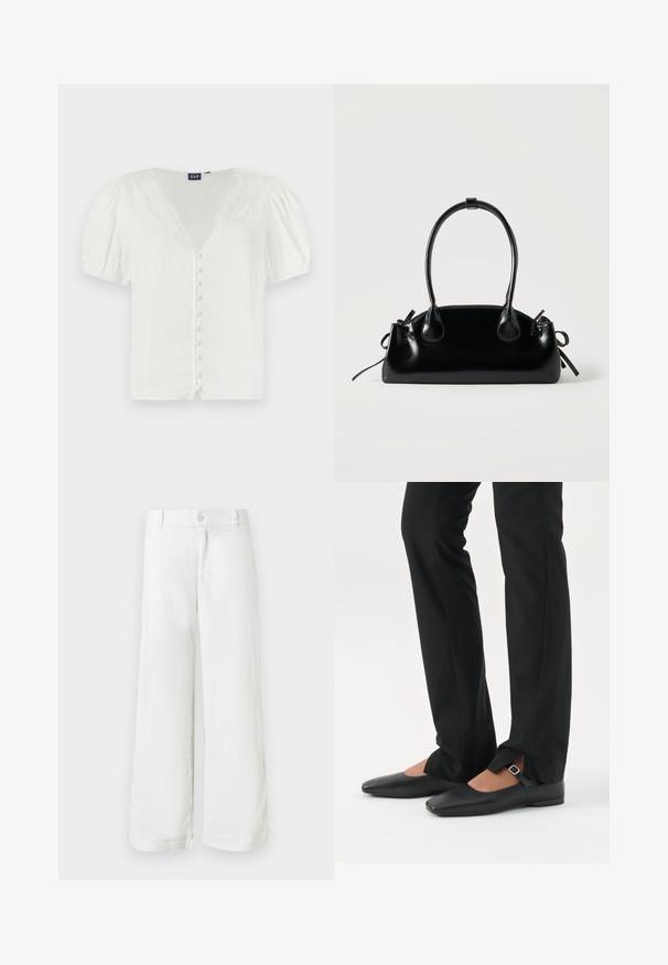 Witte blouse met pofmouwen en een diepe V-halslijn met kantafwerking. Beschikt over een rij kleine knopen aan de voorkant. Gemaakt van een lichtgewicht stof.; Witte wijde broek met knoop- en ritssluiting, riemlussen en zijzakken, afgebeeld tegen een witte achtergrond.; Benen met zwarte smalle broek met voorsplitten aan de zoom, gecombineerd met zwarte platte Mary Jane-schoenen met een klein gespje.; Kleine zwarte glanzende handtas met twee lange hengsels en zijkant trekkoord details op een effen lichte achtergrond.