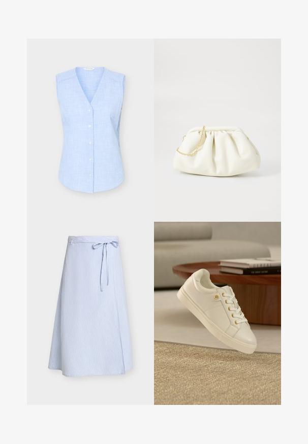 Chemisier sans manches à carreaux bleu clair, boutonné, avec un col en V et de petits boutons blancs, présenté sur fond uni.; Jupe portefeuille bleu clair avec fines rayures blanches verticales, ourlet à hauteur du genou, passants pour ceinture et un nœud noué à la taille sur un fond uni.; Baskets en cuir blanc avec œillets dorés et épingle de logo, placées près d'une table ronde en bois avec des livres empilés dans un salon moderne.; Sac à main en cuir blanc avec un design plissé, doté d'une bandoulière en chaîne dorée et d'une forme arrondie. Texture lisse avec des plis doux et sans motifs.
