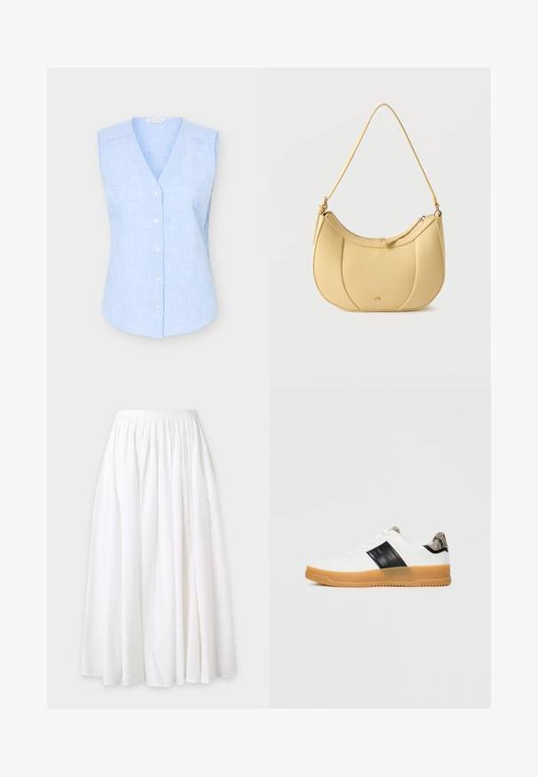 Chemisier sans manches à carreaux bleu clair, boutonné, avec un col en V et de petits boutons blancs, présenté sur fond uni.; Jupe longue blanche avec ceinture froncée et tissu fluide, présentée à plat sur un fond clair.; Baskets blanches avec semelle en gomme, stripe noir sur le côté et motif de serpent sur le talon, vues du côté extérieur contre un fond uni.; Sac bandoulière jaune en cuir synthétique avec un design incurvé matelassé et une fermeture éclair, présentant une texture lisse et une sangle d'épaule ton sur ton.