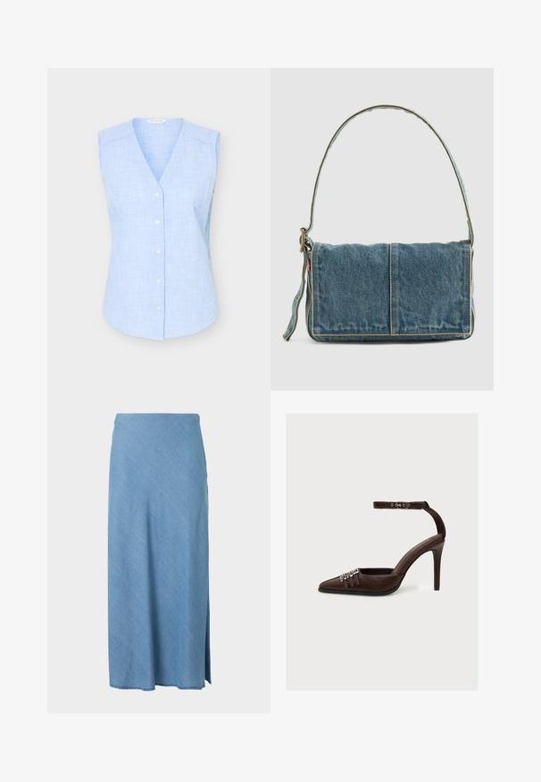 Chemisier sans manches à carreaux bleu clair, boutonné, avec un col en V et de petits boutons blancs, présenté sur fond uni.; Jupe midi bleu clair à coupe droite avec une petite fente latérale, en tissu doux.; Chaussure à talon haut en cuir marron avec bout pointu, trois boucles décoratives argentées à l'avant et bride à la cheville avec boucle argentée.; Sac à épaule en denim avec un design à rabat, couleur bleu clair, couture visible, bandoulière ajustable et accent avec étiquette latérale.