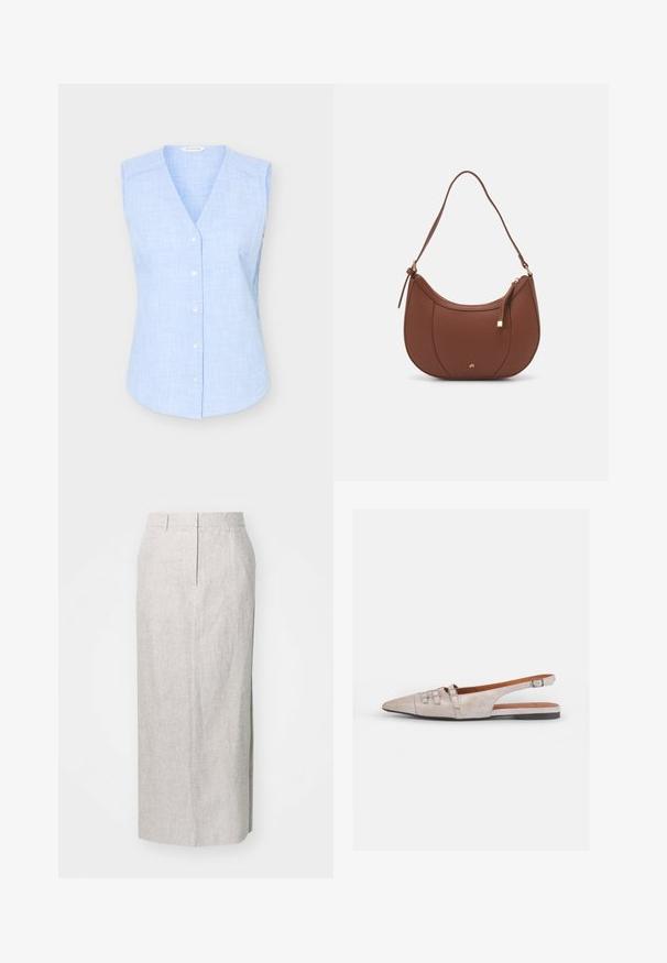 Chemisier sans manches à carreaux bleu clair, boutonné, avec un col en V et de petits boutons blancs, présenté sur fond uni.; Jupe crayon de longueur genoux, gris clair, en tissu texturé, avec une taille ajustée, des détails de couture subtils et sans fermetures visibles.; Chaussure slingback beige clair avec un bout pointu, une texture en daim doux, ornée de deux boucles décoratives et d'un petit talon plat.; Sac à épaule en faux cuir brun, de forme arrondie, avec des coutures minimales et un accent en matériel doré. Il possède une fermeture zippée sur le dessus et une sangle réglable.
