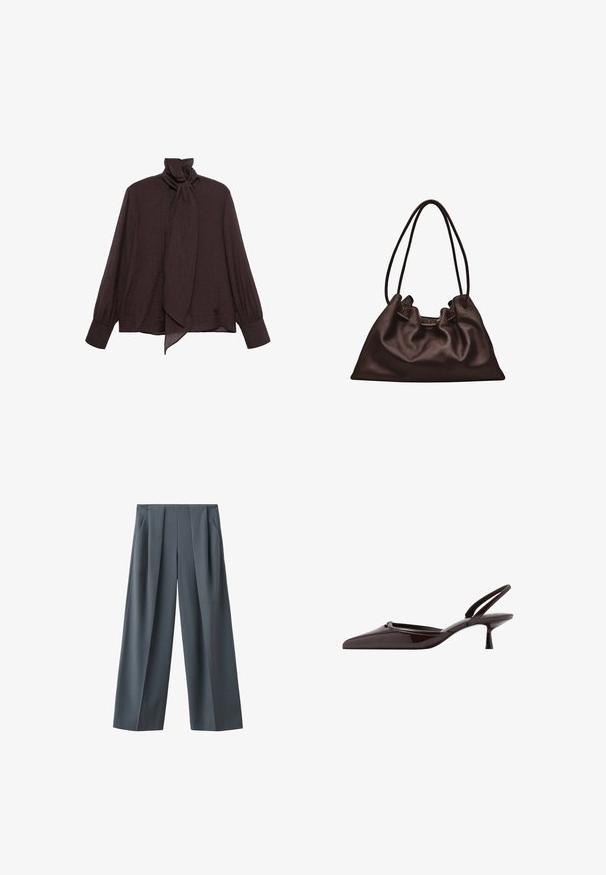Blouse à manches longues en tissu froissé marron foncé. Présente un col haut avec un détail à nouer et des manches à poignet. Texture lisse et légère.; Pantalon gris foncé à jambes larges avec plis à l'avant et poches latérales, présenté sur fond blanc.; Escarpin slingback en cuir verni marron foncé avec bout pointu et petit talon kitten sur fond blanc.; Sac à main en cuir brun foncé souple avec une forme flasque et deux fines bretelles sur fond blanc.