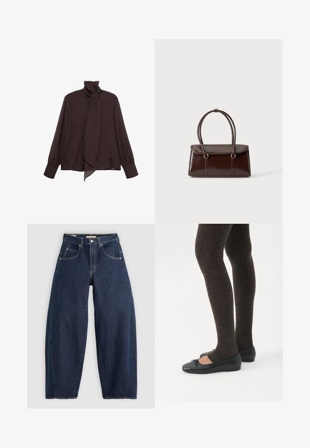 Blouse à manches longues en tissu froissé marron foncé. Présente un col haut avec un détail à nouer et des manches à poignet. Texture lisse et légère.; Jean en denim bleu foncé, à coupe ample, avec des coutures claires, cinq poches et un bouton de fermeture à la taille.; Jambes portant des leggings côtelés foncés associés à des ballerines noires avec de petits détails en nœud sur fond blanc.; Sac à main en cuir brillant marron foncé avec un corps rectangulaire structuré et deux longues anses arrondies sur un fond clair uni.
