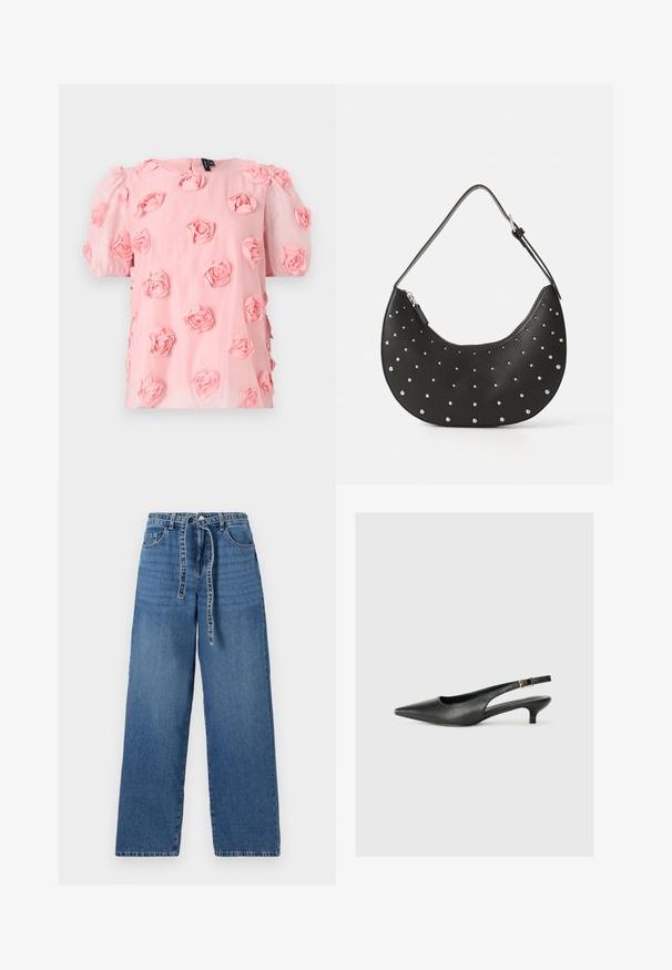 Top de tela rosa con mangas cortas y abullonadas, que presenta aplicaciones de rosas en tela tridimensional distribuidas uniformemente en la parte delantera. Cierre de botones en la parte posterior.; Jeans de denim azul claro de pierna ancha con cintura alta, que presentan un cierre con lazo, dos bolsillos frontales y un patrón ligeramente deslavado.; Zapato de tacón slingback negro de punta afilada, hecho de cuero suave. Presenta un tacón delgado y un detalle de hebilla en la correa ajustable.; Bolso de mano de cuero negro con forma curva, adornado con tachuelas plateadas, cuenta con cierre de cremallera y una sola correa ajustable.