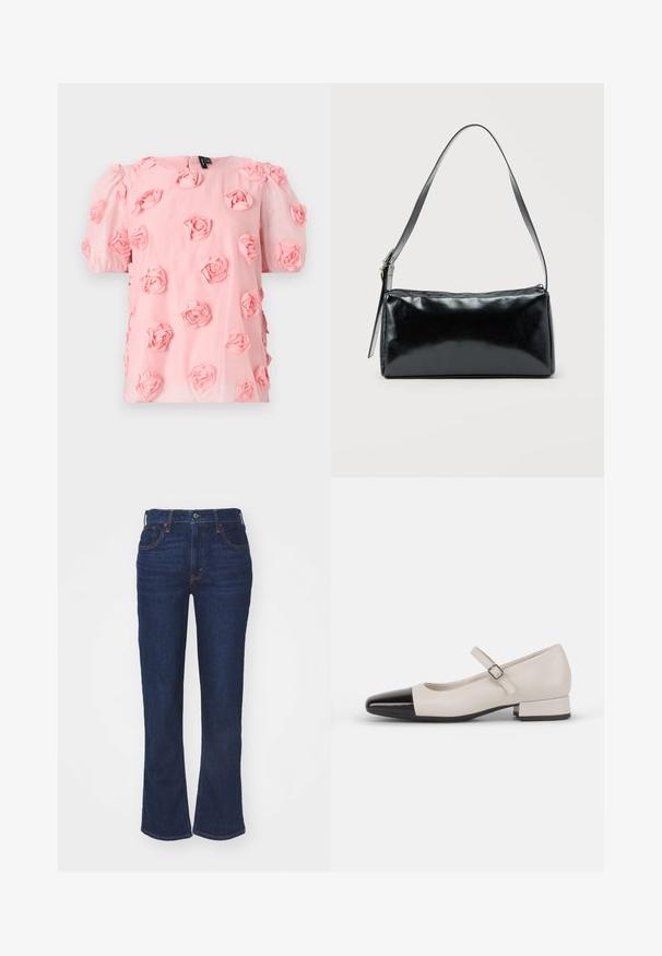 Top de tela rosa con mangas cortas y abullonadas, que presenta aplicaciones de rosas en tela tridimensional distribuidas uniformemente en la parte delantera. Cierre de botones en la parte posterior.; Jeans acampanados de denim azul oscuro con cintura alta, diseño de cinco bolsillos, costuras contrastantes y cierre de botón. Textura suave.; Zapato estilo Mary Jane en cuero crema con puntera de charol negro. Presenta una punta redonda, tirante en el tobillo con una hebilla cuadrada y un tacón bajo y cuadrado.; Bolso de hombro rectangular negro con una correa ajustable y un cierre de cremallera superior sobre un fondo liso.