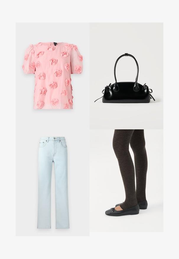Haut en tissu rose avec de courtes manches bouffantes, comportant des appliqués de roses en tissu trois dimensions répartis uniformément sur le devant. Fermeture à boutons au dos.; Jean en denim bleu clair avec une coupe droite, comportant cinq poches, des passants de ceinture et une fermeture à bouton à la taille.; Jambes portant des leggings côtelés foncés associés à des ballerines noires avec de petits détails en nœud sur fond blanc.; Petit sac à main noir brillant avec deux longues anses et des détails à cordon sur les côtés sur un fond clair uni.