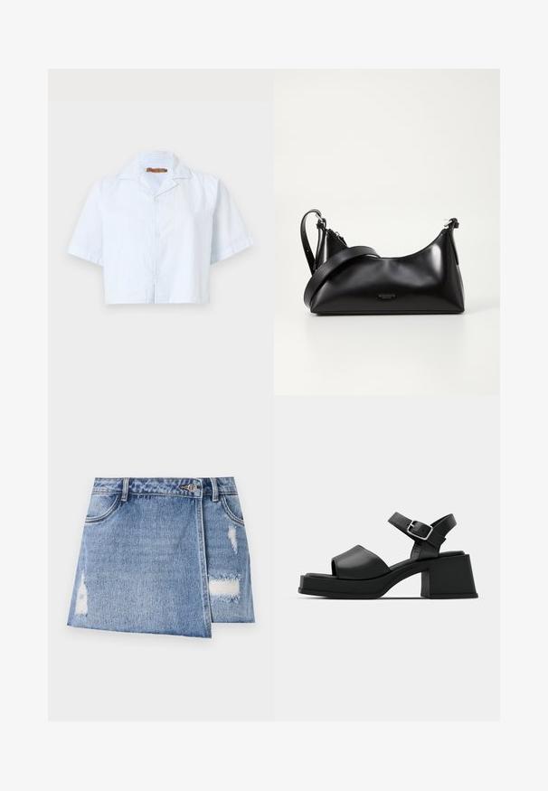 Afskaffet kortærmet skjorte i lyseblå med tynde hvide striber, knaplukning og spredt krave. Fremstillet af letvægtsstof.; Lysblå denim miniskørt med slidte områder og distressed detaljer. Har en frontknaplukning og traditionelt fem-lommer design.; Sorte læder platform sandaler med peep-toe design, ankelrem og en kraftig firkantet hæl. Glat tekstur og minimalistisk stil.; Sort læderhåndtaske med en glat tekstur. Har en justerbar stropp og et enkelt, minimalistisk design med lynlås.