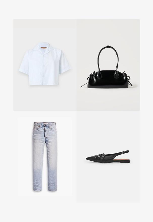 Afskaffet kortærmet skjorte i lyseblå med tynde hvide striber, knaplukning og spredt krave. Fremstillet af letvægtsstof.; Lyseblå denimjeans med lige ben, der har en knaplukning, fem lommer og en diskret falmning langs benene.; Sort læderslyngeflad sko med spids tå, der har to vandrette stropper og firkantede sølvspænder, lav hæl og glat tekstur.; Lille sort blank håndtaske med to lange håndtag og snøre-detaljer i siden på en ensfarvet lys baggrund.