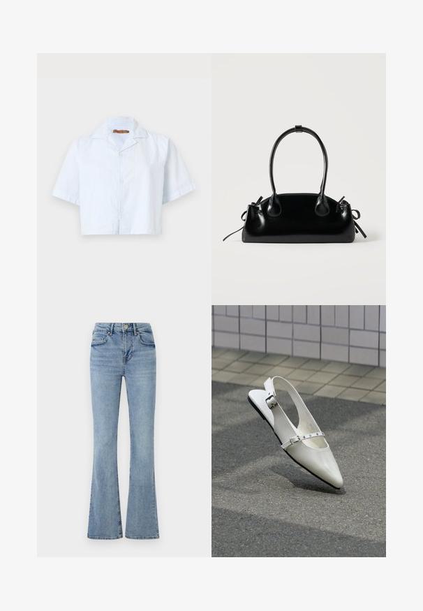 Afskaffet kortærmet skjorte i lyseblå med tynde hvide striber, knaplukning og spredt krave. Fremstillet af letvægtsstof.; Lyseblå denimjeans med høj talje, frontknap og lynlås, fem lommer og let udvidede ben.; Hvid spids slingback flad sko med to sølvspænder, vist udendørs på tekstureret underlag og flisebelagt væg baggrund.; Lille sort blank håndtaske med to lange håndtag og snøre-detaljer i siden på en ensfarvet lys baggrund.