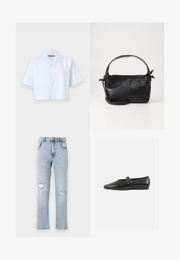 Lühikeste varrukatega lühikese lõikega shirt helesinisel värvil, millel on õhukesed valged triibud, nööbid ja laia krae. Valmistatud kergest kangast.; Heledad sinine denim, millel on lõdva istuvuse, kaks põlve lõhet, viis taskut ja kulunud serv. Nööp ja tõmblukk sulgemiseks.; Must mustril leedjalats, millel on terav varvas, metallist pandla rihm üle jala ja madal, paindlik tall.; Must mustrikujundusega must nahast käekott, ümarate pealmiste käepidemete ja eemaldatava õlalihaga. Omab siledat tekstuuri ja peent sära.
