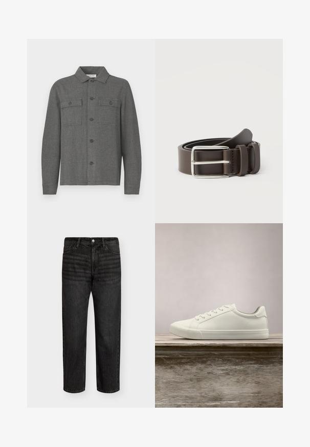 Veste à carreaux gris avec col, fermeture à boutons sur le devant et deux poches poitrine. Fabriquée en tissu texturé, avec des manches longues et une coupe droite.; Jeans en denim noir avec une coupe droite, présentant une taille mi-haute, cinq poches et une fermeture à bouton en métal. Texture lisse avec des décolorations subtiles.; Sneaker en dentelle blanche flottant au-dessus d'un banc en bois avec un feuillage vert en arrière-plan, mettant en valeur le design et la texture de la chaussure.; Ceinture en cuir marron avec une boucle en métal argenté, présentant une texture lisse et un design simple. Comprend une boucle pour l'ajustement et la fixation.