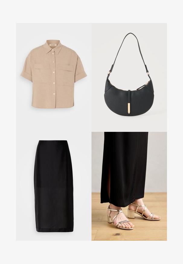 Beige kortærmet skjorte i hør med spidse kraver, to forlommer og hvide knapper. Løs pasform, glat tekstur.; Sort midi nederdel med lige design, lavet af glat stof. Har en talje og en søm ved knæ længde.; Guld strop sandaler med blokhæl, med metallisk finish, ankelrem og åben tå design. Kombineret med en sort maxi nederdel.; Sort håndtaske formet som en halvmåne med en enkelt rem, guld lynlås og en guldfarvet rektangulær dekorativ fane foran.