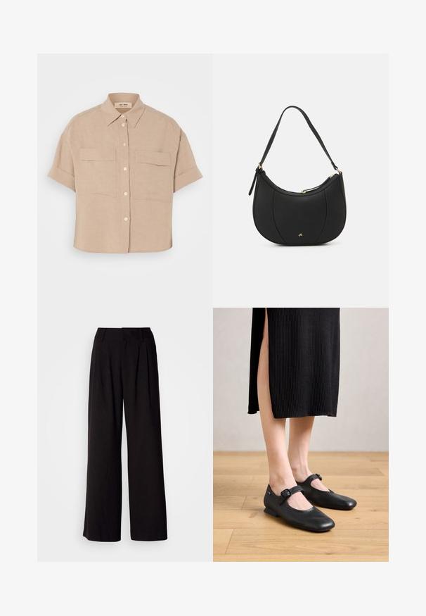 Beige Leinenhemd mit kurzen Ärmeln und spitzem Kragen, zwei vorderen Taschen und weißen Knöpfen. Boxy Schnitt, glatte Textur.; Schwarze weit geschnittene Hosen aus glattem Stoff, mit Falten an der Vorderseite, einem taillierten Bund und ohne sichtbare Muster oder Akzente.; Schwarze Leder-Mary Jane-Ballerinas mit einem kleinen Absatz, runder Zehenpartie und einem seitlichen Schnallen-Detail. Das strukturierte Design erhöht die visuelle Attraktivität.; Schwarze Lederhandtasche mit geschwungenem Design, strukturiertem Material, vorderen Nähten und einem Logo in Goldtönen. Verfügt über einen einzelnen verstellbaren Tragegurt.