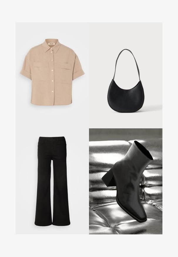 Beige Leinenhemd mit kurzen Ärmeln und spitzem Kragen, zwei vorderen Taschen und weißen Knöpfen. Boxy Schnitt, glatte Textur.; Schwarze, weit geschnittene Jeanshose aus Denim, mit vorderen Taschen, Knopfverschluss und einer glatten Textur mit sauberem Finish.; Schwarzer Knöchelstiefel aus glänzendem Material mit quadratischer Zehenform und verjüngtem Absatz, vor einem glänzenden silbernen gepolsterten Hintergrund.; Schwarze Leder-Schultertasche in halbmondförmigem Design mit einem einzelnen Trageriemen und dezent geprägtem Markennamen auf einfarbig hellem Hintergrund.