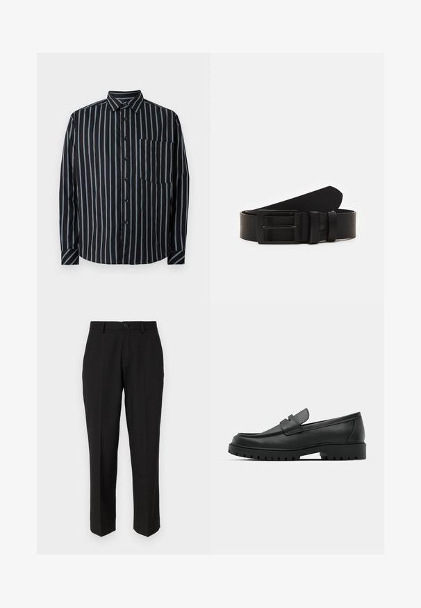 Sort button-up skjorte med blå lodrette striber, lange ærmer, krave og en brystlomme. Glat stof, afslappet pasform, standard knapper.; Sorte bukser lavet af glat stof, med lige ben design, forlommer, en enkelt knaplukning, og uden synlige mønstre.; Sorte læder loafers med rund tå, der har et syet design, lav platformssål og en struktureret, skridsikker gummisål.; Sort læderbælte rullet med en mat sort rektangulær metalspænde og to bæltesløjfer på en hvid baggrund.