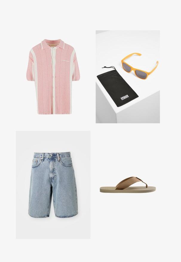 Kortærmet strik cardigan med et pink og hvidt stribet mønster, der har en krave og knaplukning foran. Blødt, tekstureret stof.; Lyseblå denimshorts med høj talje, lige snit, frynset kant, fem lommer og knaplukning. Slidt tekstur synlig.; Beige flip-flop sandal med tekstureret sål og bred brun stoftåskele på hvid baggrund.; Orange plastiksunglasses med mørke linser ved siden af en sort blød pose, trykt med "URBAN CLASSICS" i hvidt på forsiden.