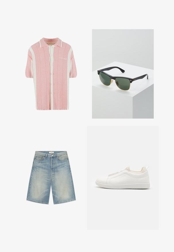 Kortærmet strik cardigan med et pink og hvidt stribet mønster, der har en krave og knaplukning foran. Blødt, tekstureret stof.; Lyseblå denimshorts med knap- og lynlåslukning, forlommer, bæltestropper og falmet vaskedetalje.; Hvide slip-on sneakers med en tekstureret læderoverdel, elastiske sidepaneler og en gummisål. Minimalistisk design uden synlig branding.; Ray-Ban solbriller med grønne linser, sorte plastikstel og gyldne detaljer ved kanterne. Firkantet form med mat finish.