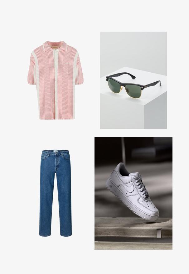 Kortærmet strik cardigan med et pink og hvidt stribet mønster, der har en krave og knaplukning foran. Blødt, tekstureret stof.; Blå straight-leg denim jeans med knap- og lynlåslukning, bæltestropper og fem-lomme-design.; Hvid læder Nike Air Force 1 sneaker med perforeret tå, flade snørebånd og tekstureret gummisål med "AIR" branding på siden.; Ray-Ban solbriller med grønne linser, sorte plastikstel og gyldne detaljer ved kanterne. Firkantet form med mat finish.