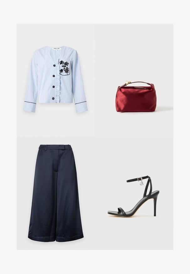 Chemise à manches longues bleu clair et blanc à fines rayures, avec boutons noirs, patte de boutonnage froncée et broderie florale noire sur la poche poitrine.; Pantalon large bleu marine, coupé court, avec passants de ceinture, fermeture éclair à l'avant, et finition satinée lisse, sur un fond clair uni.; Sandale à talon haut noire avec une bride étroite à la cheville, bout carré, cuir lisse et accent de boucle métallique.; Trousse de maquillage en satin bourgogne de forme rectangulaire, avec fermeture éclair et une poignée courte. Présente un design minimaliste et une texture lisse.