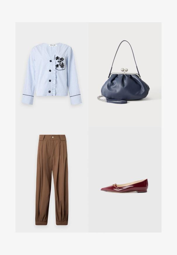 Chemise à manches longues bleu clair et blanc à fines rayures, avec boutons noirs, patte de boutonnage froncée et broderie florale noire sur la poche poitrine.; Pantalon marron taille haute avec plis à l'avant et poignets élastiqués, équipé de passants de ceinture et d'une fermeture à bouton.; Ballerines en cuir verni bordeaux avec un bout pointu, présentant un petit détail découpé et un petit talon. Texture lisse et design épuré.; Sac à main en cuir bleu marine doux avec fermeture à boucle argentée, une seule bandoulière, et une chaîne de poignet amovible sur fond blanc.