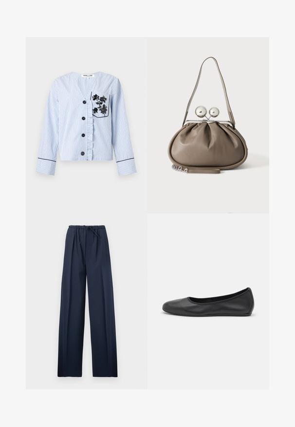 Chemise à manches longues bleu clair et blanc à fines rayures, avec boutons noirs, patte de boutonnage froncée et broderie florale noire sur la poche poitrine.; Pantalon large bleu marine avec taille élastique et cordon de serrage ajustable, présenté à plat sur un fond blanc.; Ballerines en cuir noir avec un bout rond, texture lisse, détails de couture minimalistes et design de semelle flexible.; Sac à main en cuir gris de forme arrondie, fermeture supérieure avec deux grandes sphères argentées, et une seule anse.