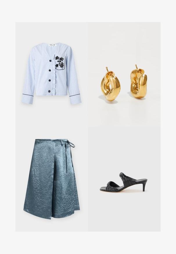 Chemise à manches longues bleu clair et blanc à fines rayures, avec boutons noirs, patte de boutonnage froncée et broderie florale noire sur la poche poitrine.; Jupe portefeuille bleu froissée avec fermeture à nouer sur le côté, longueur midi, et silhouette légèrement évasée en A.; Sandales à talons noirs avec un bout carré, fabriquées en cuir lisse. Elles présentent des brides froncées et un talon fin pour plus d'élévation.; Boucles d'oreilles créoles en or massif avec un design tubulaire légèrement tordu et des fermoirs à tige sur un fond blanc.