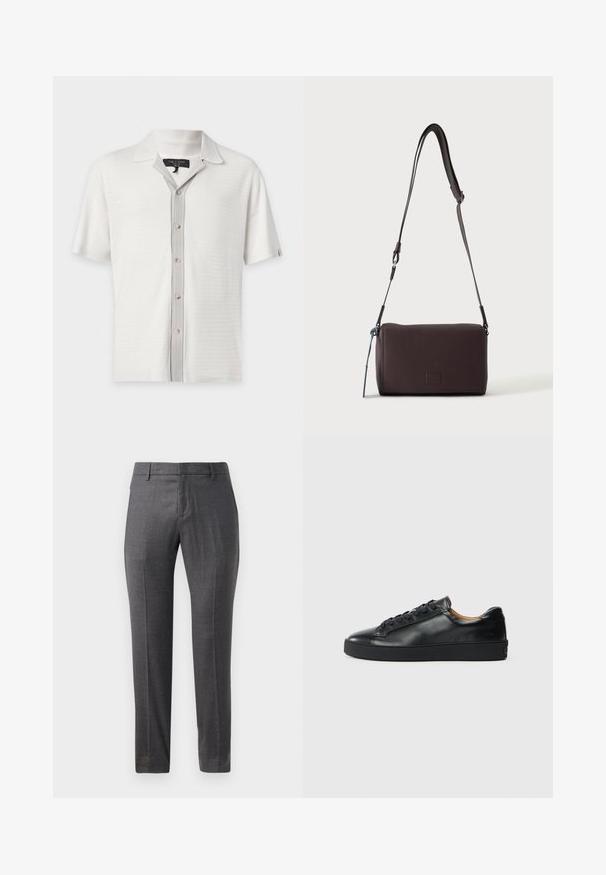 Polo en maille blanche à manches courtes avec patte de boutonnage beige contrastante et petit col par rag & bone.; Pantalons en laine gris avec un devant plat, coupe slim, texture subtile et design classique. Comprend des poches latérales et une fermeture éclair.; Baskets en cuir noir avec une texture lisse, bout rond et fermeture à lacets. Comprend une semelle en caoutchouc épaisse et un minimum de détails de marque.; Sac bandoulière en cuir marron foncé texturé avec une sangle réglable et un petit accent décoratif bleu sur le côté.