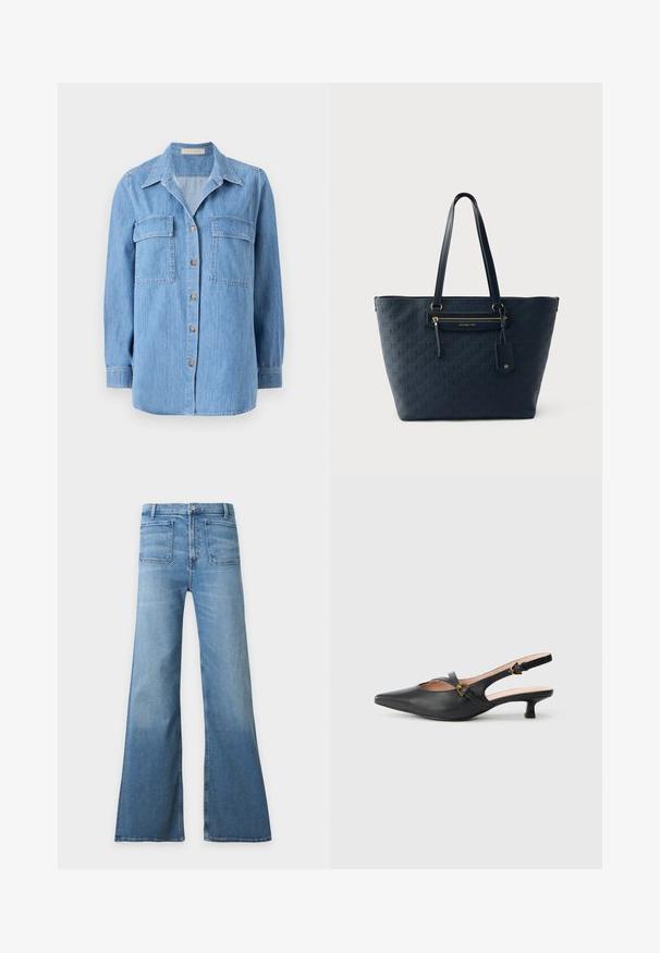 Chemise en denim bleu clair avec deux poches poitrine, fermeture par boutons et col pointu. Le tissu a une apparence douce et légèrement texturée.; Jean en denim bleu clair taille haute avec jambes larges évasées, poches plaquées à l’avant, fermeture par boutons et passants de ceinture.; Escarpin noir en cuir à bride arrière avec bout pointu, petit talon, design découpé et détail de boucle dorée sur la bride.; Sac cabas bleu marine Michael Kors avec motif de logo embossé, poche zippée à l'avant, longues anses et étiquette en cuir attachée.