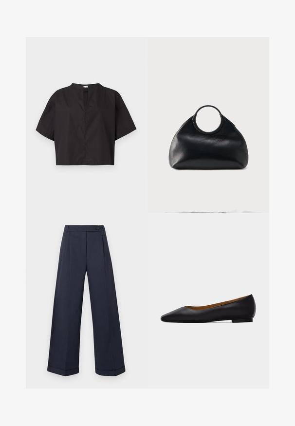 Haut noir à manches courtes et coupe droite avec manches larges et une petite fente en V à l’avant, présenté sur un fond blanc uni.; Pantalon large bleu marine avec ourlets retournés, taille haute, boutons latéraux et plis à l'avant.; Chaussure plate en cuir noir à bout pointu avec talon bas et finition lisse, vue de côté sur un fond gris clair.; Sac à main en cuir noir de forme arrondie avec une anse supérieure circulaire enveloppée de couture en cuir assorti.