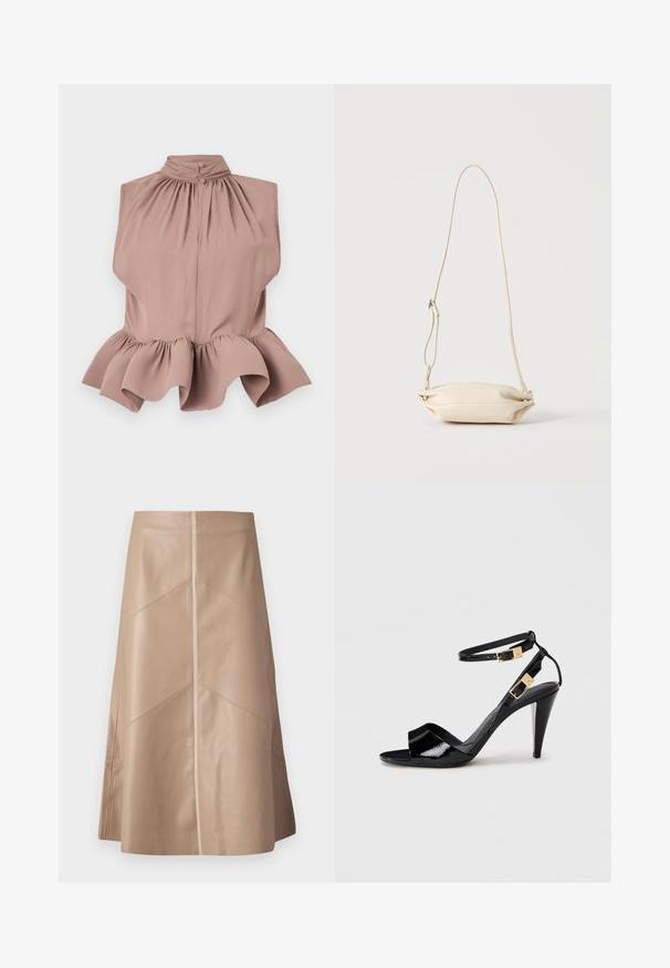 Haut sans manches dans un rose poussiéreux avec un col haut, un décolleté froncé et un ourlet volanté évasé, fabriqué en tissu léger et lisse.; Jupe A-line en simili cuir beige avec des détails de panneaux subtils et une finition mate lisse, longueur genou et taille haute.; Sandale à talon haut en cuir verni noir avec double bride de cheville et boucles dorées, bout ouvert, et talon effilé sur fond neutre.; Petit sac bandoulière en cuir beige avec sangle ajustable, présenté sur un fond clair uni.