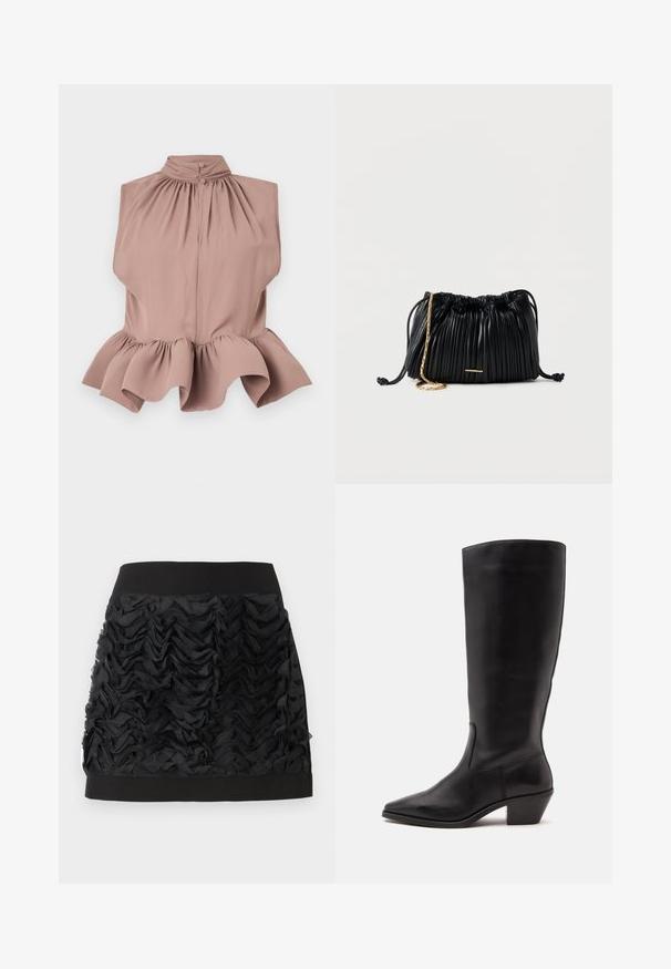 Top sin mangas en rosa empolvado con cuello alto, escote fruncido y dobladillo acampanado con volantes, confeccionado en una tela suave y ligera.; Mini falda negra con un frente de gasa con volantes, que cuenta con una cinturilla negra suave. Los volantes crean textura y movimiento.; Bota de cuero negra hasta la mitad de la pantorrilla con puntera puntiaguda y tacón bajo inclinado sobre un fondo claro y liso.; Bolso de mano negro de cuero plisado con cordón ajustable, cadena dorada como asa y un pequeño detalle horizontal dorado en la parte frontal.