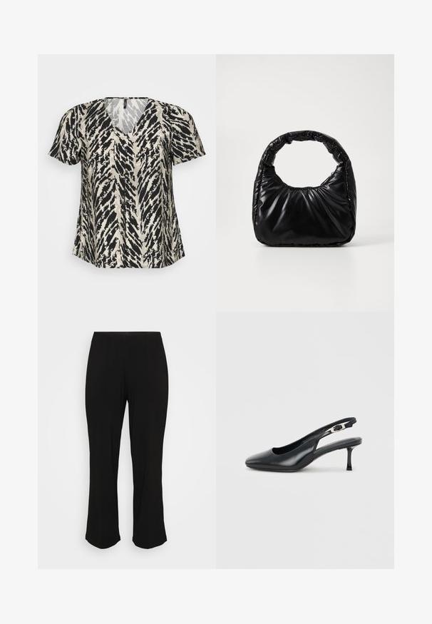 T-shirt à manches courtes avec un décolleté en V, arborant un motif à rayures tigre noir et crème. Le tissu semble léger et fluide.; Pantalons noirs évasés avec une finition lisse et des détails de plis subtils, présentés sur un fond blanc uni.; Chaussure slingback noire en cuir à bout pointu avec un petit talon aiguille bas et une bride réglable à boucle sur un fond clair uni.; Sac à main noir rembourré avec une poignée arrondie, présentant une surface lisse et brillante ainsi qu'une texture douce et matelassée. Pas de quincaillerie ou d'accents visibles.